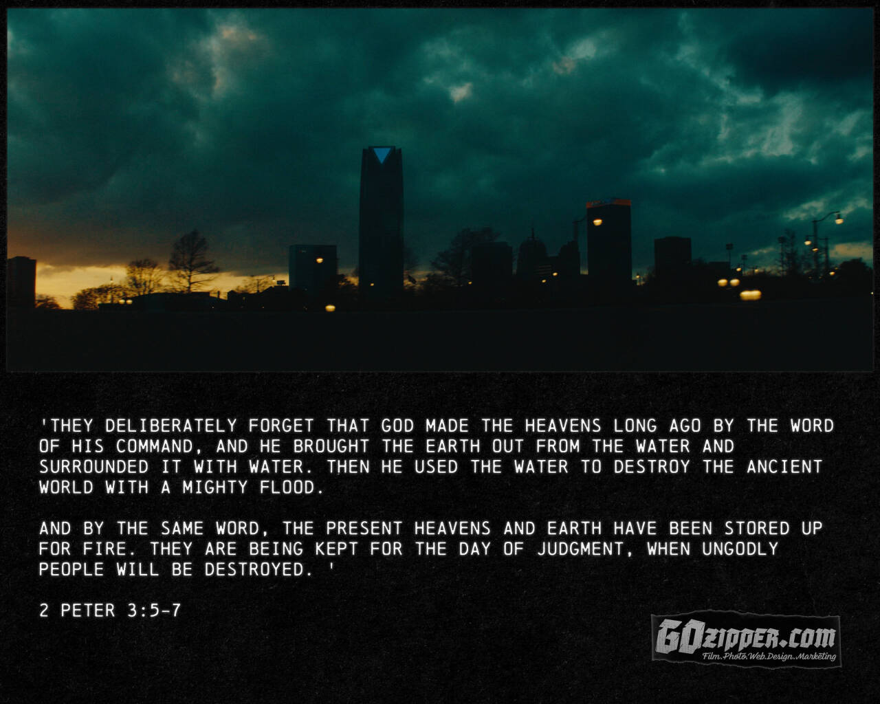 Still Frame from Anamorphic Video - 'They deliberately forget that God made the heavens long ago by the word of his command, and he brought the earth out from the water and surrounded it with water. Then he used the water to destroy the ancient world with a mighty flood. And by the same word, the present heavens and earth have been stored up for fire. They are being kept for the day of judgment, when ungodly people will be destroyed. '

2 Peter 3:5-7