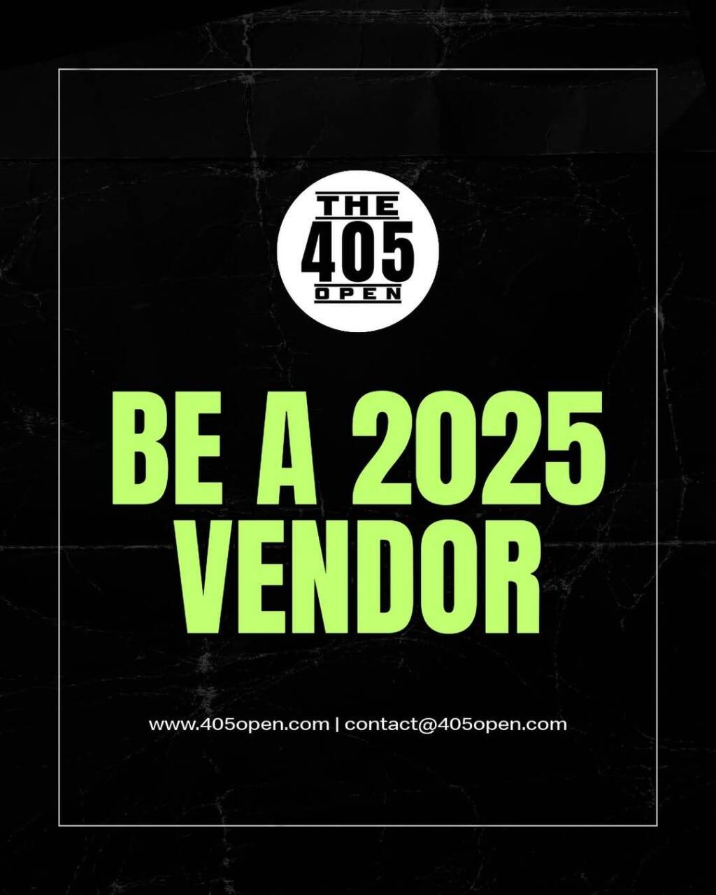 Be a 2025 Vendor - 🔥 Vendor Applications Now Open! 🔥
The 405 Open is calling all vendors! Want to showcase your brand at this year’s event?
Apply now to secure your spot. Limited spots available!

#405Open #vendors #fitnessevent #okc #local #ﬁtness